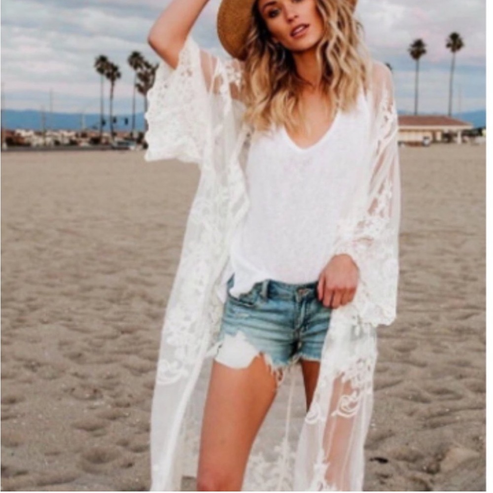 NEW POL Boho Lace Duster Cream White‎ OS